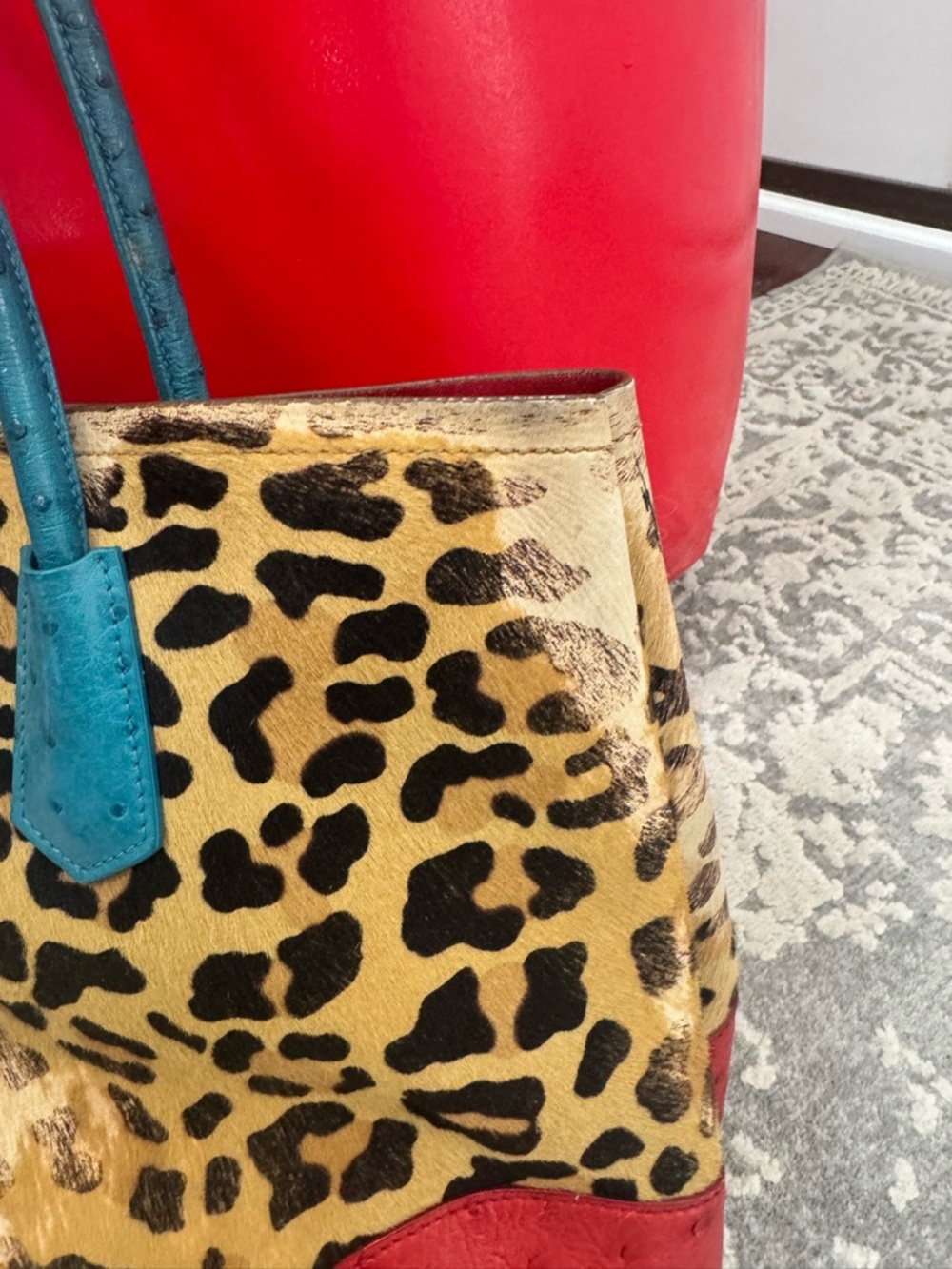 Prada Leopard Haircalf Tote Bag + Wallet Set Teal Red Rare Colorblock Authentic - Picture 10 of 14